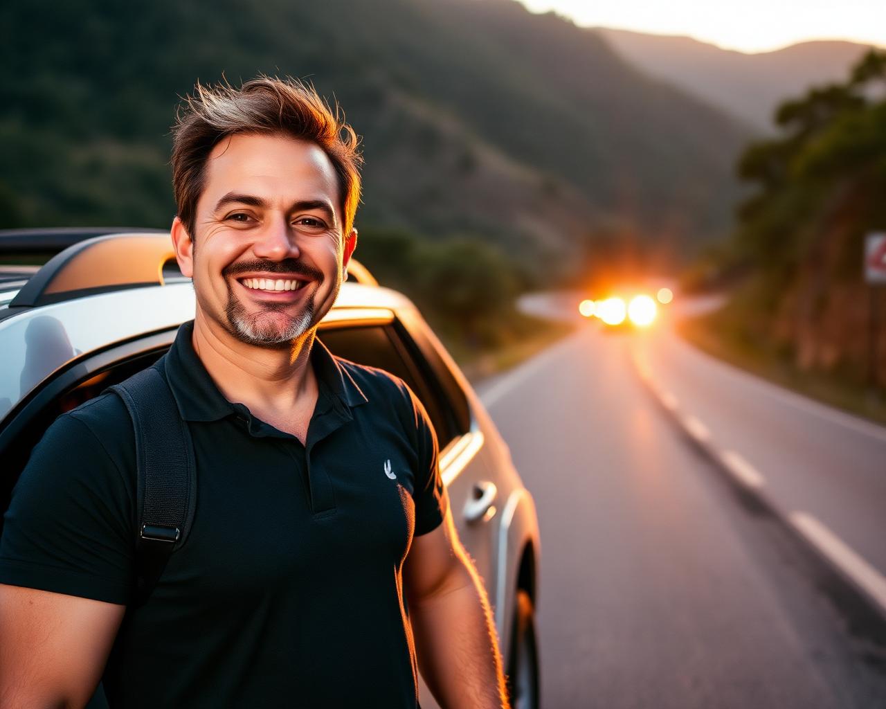 Motorista turístico sorrindo ao lado do carro na Serra